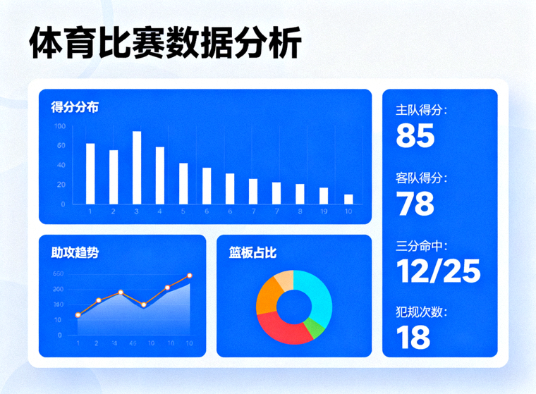 体育数据分析界面示意图，展示比赛统计图表与数据面板